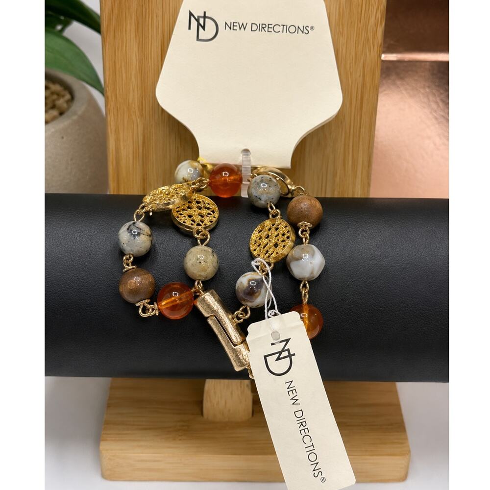 New Directions Bracelet NWT Brown Amber Beaded Gold Tone Filigree Statement